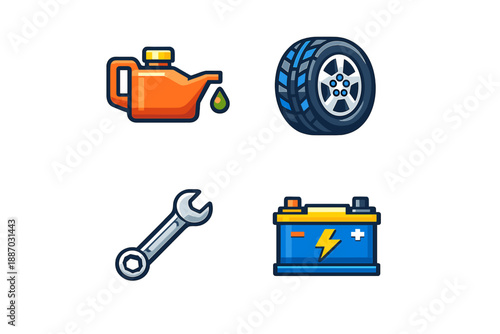 Different car maintenance items including oil, a tire, a wrench, and a battery, shown together in a simple layout for easy identification by the viewer