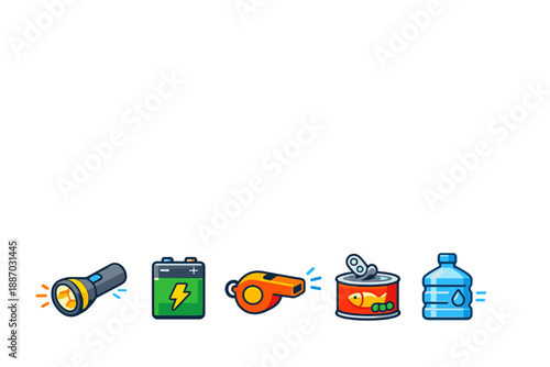 Items for emergency preparedness kit with a flashlight, battery, whistle, canned food, and water bottle on white background