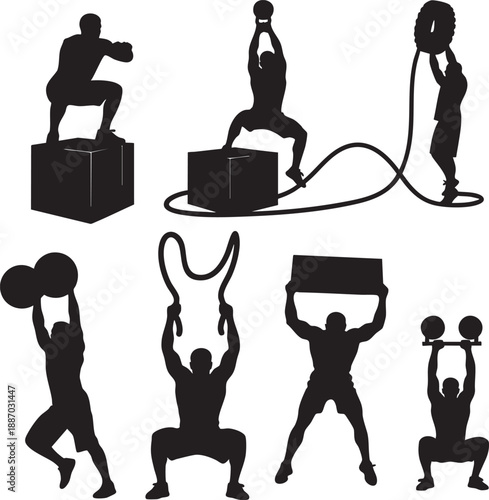 CrossFit Training Men Exercising with Weights and Ropes, Vector Silhouettes