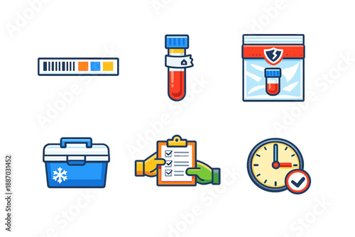 Health test preparation includes collection kits, blood samples, storage containers, checklists, and time management in a laboratory setting