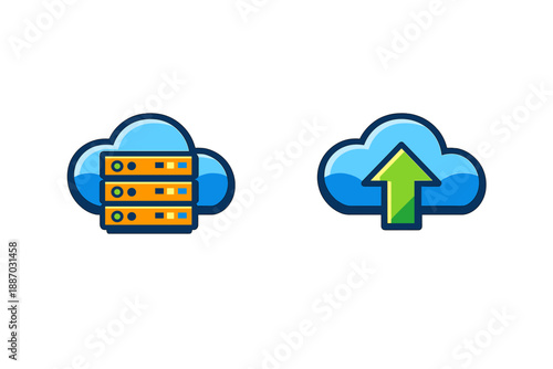 Data storage and upload symbols showing server racks and cloud upload arrow
