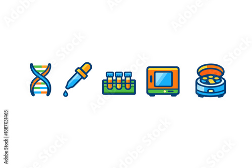 Various laboratory tools and symbols representing science, research methods, and experiments displayed in a clean and organized manner