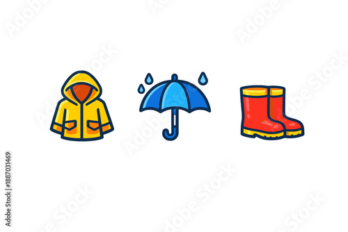 Bright yellow raincoat, blue umbrella, and red rubber boots arranged on a white background for a rainy day theme