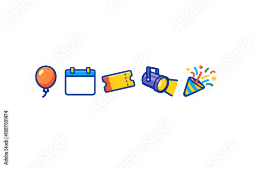 Celebration elements include balloons, calendar, tickets, spotlight, and party hat for events and gatherings in various settings