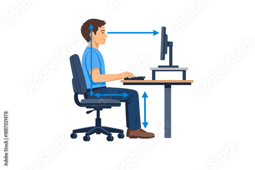 Man sits at desk working on computer with proper posture in office setting during daytime hours