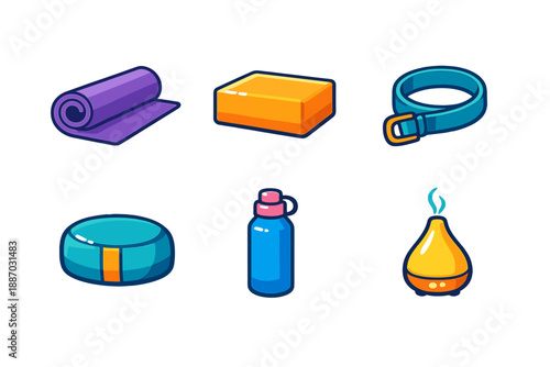 Variety of yoga and wellness items shown on a plain background with different colors and shapes for fitness and relaxation activities