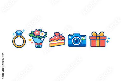 Icons of special occasions show ring, bouquet, cake, camera, and gift illustrating moments of celebration and joy for life events like weddings and birthdays
