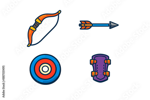 Bow and arrow set with target and protective gear for archery practice and competition in a straightforward layout