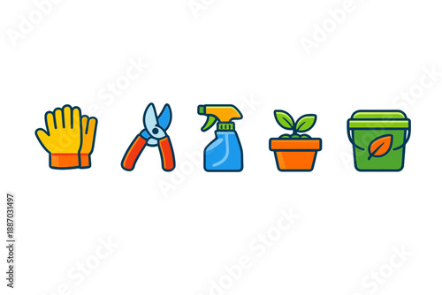 Tools and supplies for gardening arranged on a table showcasing gloves, pruners, spray bottle, plant pot, and a bucket for gardening activities
