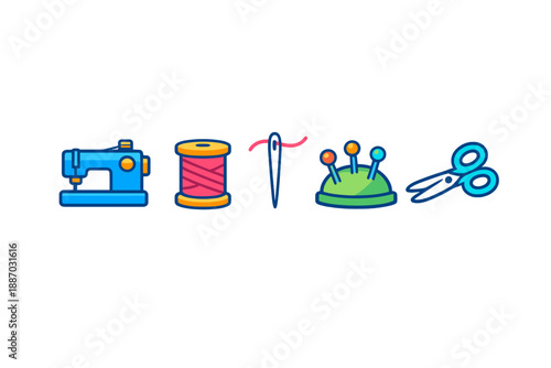 Crafting tools for sewing and needlework displayed in a row, showcasing a sewing machine, thread, needle, pin cushion, and scissors on a white background