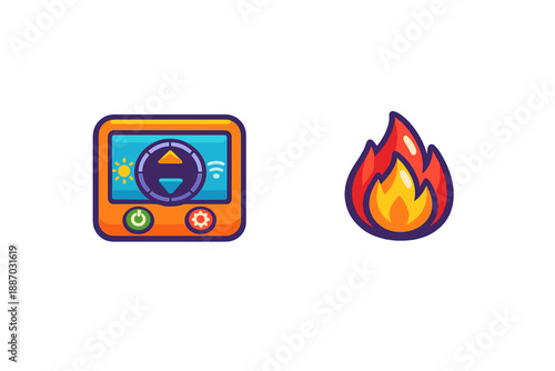 Monitor displays settings next to flame symbol to indicate heating function for an appliance