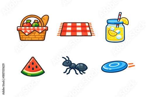 Picnic basket with food, blanket, drink, watermelon, ant, and frisbee on a sunny day outdoors