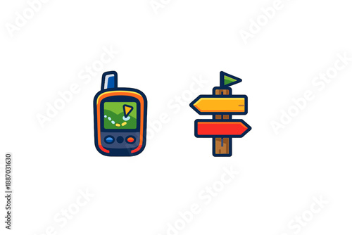 GPS device and directional signs show tools for navigation in outdoor activities or hiking adventures taken during daylight hours