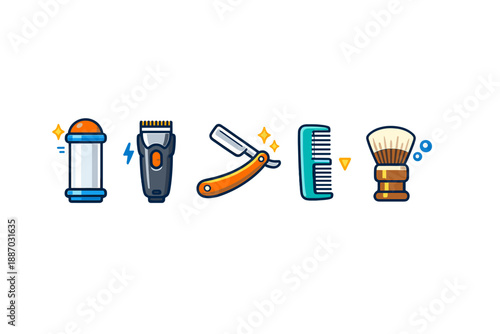 Tools for grooming and personal care laid out in a row showing different items used in haircuts and shaving routines for men