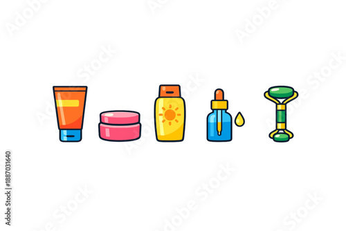 Various skincare products are arranged in a line on a white background showing different types of containers and colors