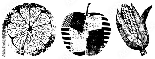 Grunge Styled Citrus,, and Corn Silhouettes with Textured