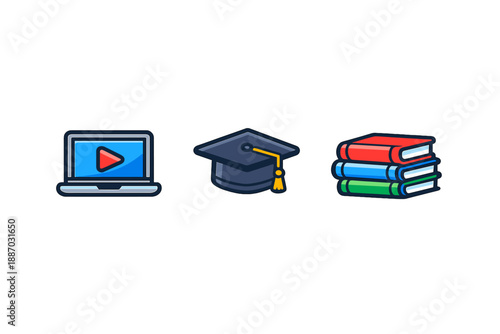 Icons representing online learning, graduation, and books in a simple graphic design