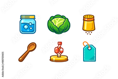Collection of kitchen items including a jar, cabbage, spice container, spoon, wine cork, and label placed on a simple background