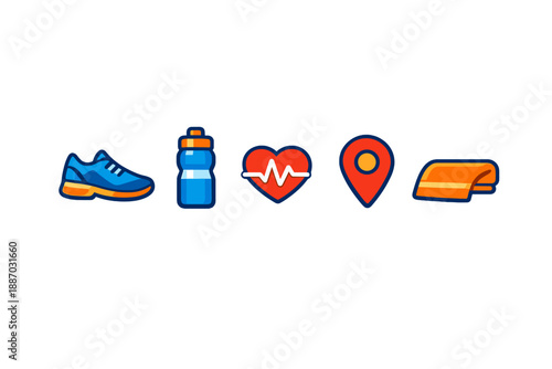 Icons representing fitness activities including shoes, a water bottle, a heart rate symbol, a location marker, and a workout mat