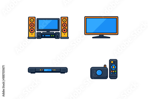Home entertainment setup with television, audio system, media player, and remote control in a living room