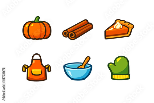 Pumpkin, cinnamon sticks, pie slice, apron, bowl, and oven mitt arranged on a white background for autumn cooking