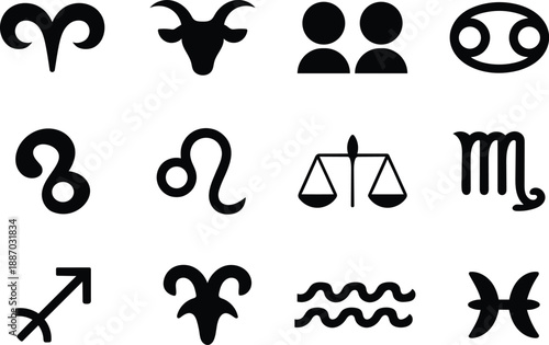 A collection of twelve black silhouette zodiac sign symbols arranged in three rows of four against a white background