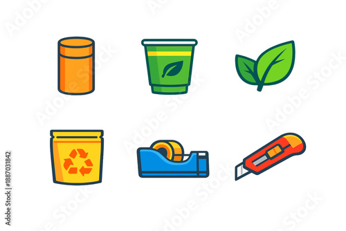 Different types of containers and tools for recycling and crafting can be seen on a white background showing the items clearly