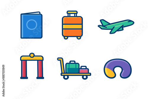Travel items needed for a trip including passport, suitcase, airplane, luggage cart, and neck pillow