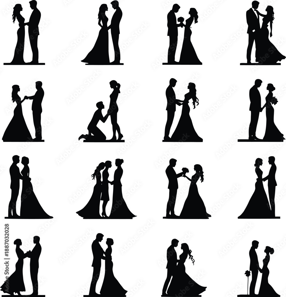 Fototapeta premium Romantic couple silhouette vector set with dancing proposing embracing and love poses in elegant black and white style