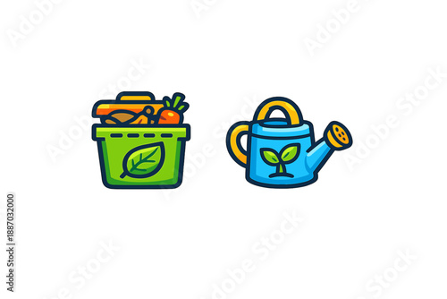 Symbols show a compost bin and a watering can used for gardening tasks in a backyard during daytime