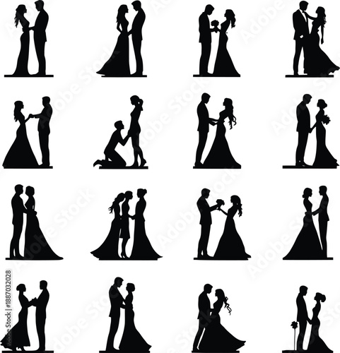  
Romantic couple silhouette vector set with dancing proposing embracing and love poses in elegant black and white style