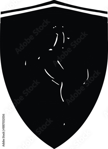 Prancing horse shield emblem vector illustration in black and white with bold lines and dynamic minimal style