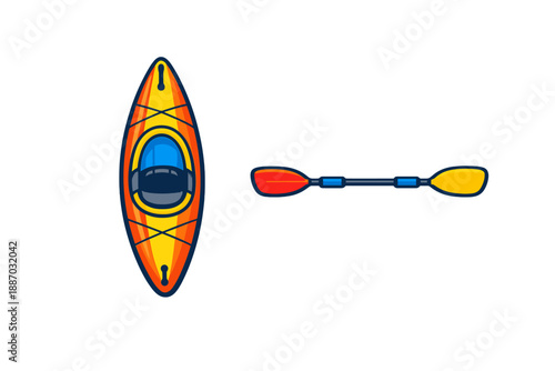 Kayak and paddle displayed on a white background showing equipment for water sports and outdoor activities