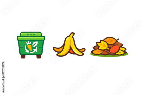 Banana peels and autumn leaves next to a green compost bin in a simple setting during daylight hours
