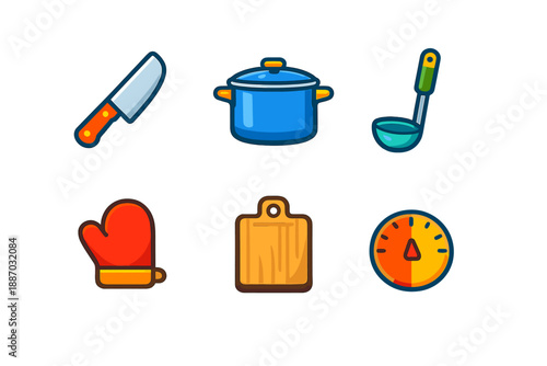 Kitchen utensils and tools for cooking and food preparation that include knife, pot, ladle, oven mitt, chopping board, and timer