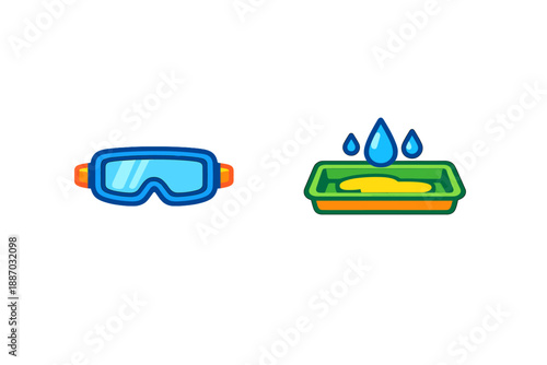 Safety goggles and a tray with water are placed together on a white background for cleaning tasks and activities in a work or home environment