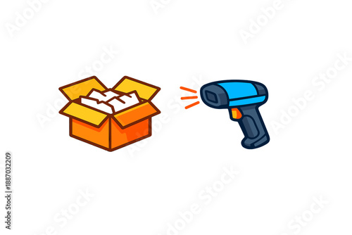 Packaging and scanning process for shipping items in a warehouse setting with cardboard box and scanner equipment