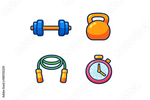 Equipment for fitness training includes weights, kettlebell, jump rope, and stopwatch on a simple white background for workout preparation