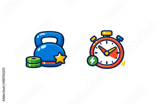 Kettlebell and stopwatch used for workout routines with weights in gym setting during evening exercise session