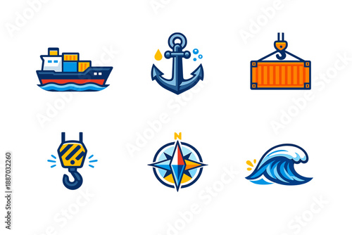 Maritime symbols featuring a ship, anchor, container, crane, compass, and wave in a simple illustration style