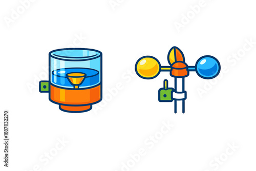Water dispenser and weather station in graphic style, showing details of design and function during a sunny day with clear icons