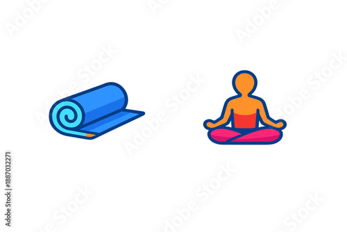 Yoga mat and person meditating with a blue mat and orange silhouette on a white background