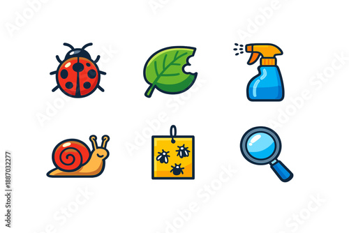 Collection of simple icons showing insects, plants, and pest control tools in bright colors for informative use