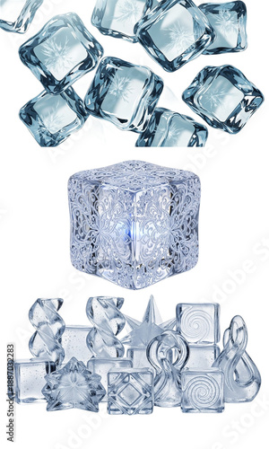 Ice cubes isolated, Fresh blue ice cubes collection, Collection set of cold ice cubes isolated