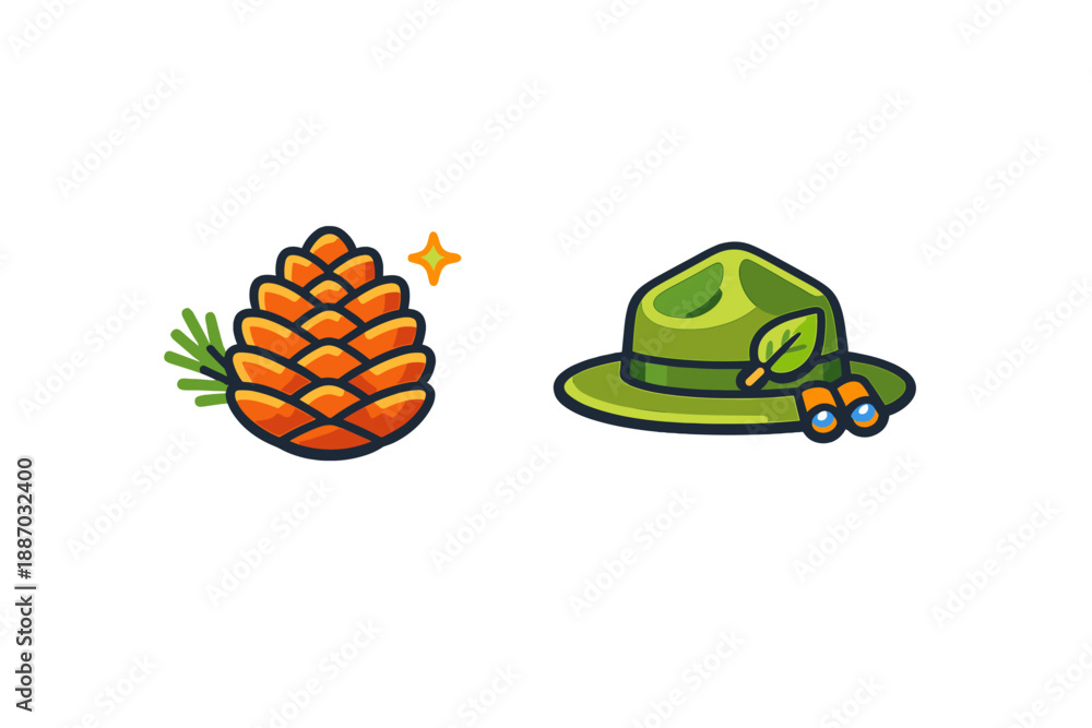 Fototapeta premium Pine cone and green ranger hat with binoculars are positioned together, showcasing outdoor adventure items on a simple background