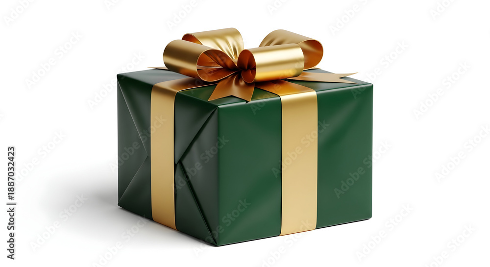 Fototapeta premium A green gift box with gold ribbon and bow