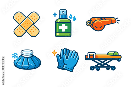 Collection of medical and first aid icons showing items like bandages, antiseptics, and a whistle in a simple layout without any background