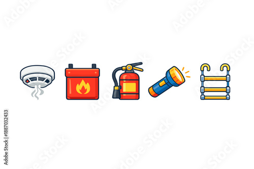 Safety icons show important tools for emergency situations in homes and workplaces including smoke detectors, fire extinguishers, flashlights, and ladders for safety