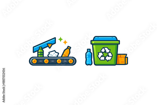 Conveyor belt moves recyclable materials to green bin for sorting at recycling facility in daytime