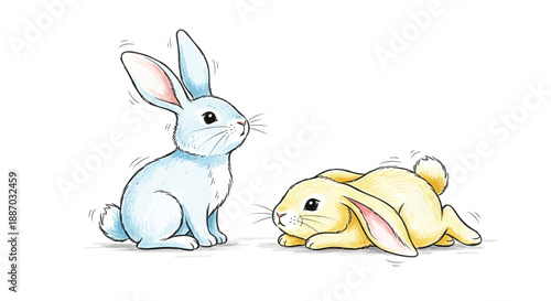 Two adorable cartoon rabbits one blue and one yellow facing each other